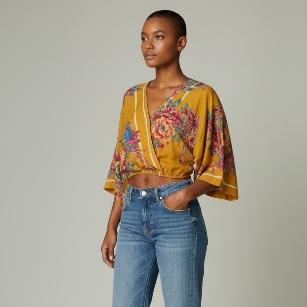 Flying Tomato Yellow Floral Kimono Wrap Crop Top XS Boho V-Neck Surplice Sleeve